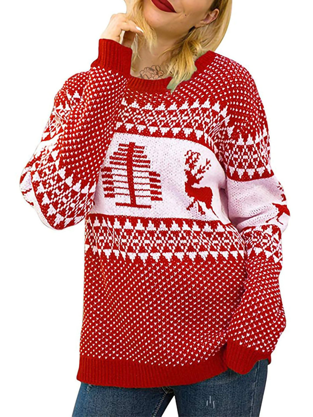 Women Stylish Christmas Pullover Sweater Cute Snowflake Reindeer Pullover