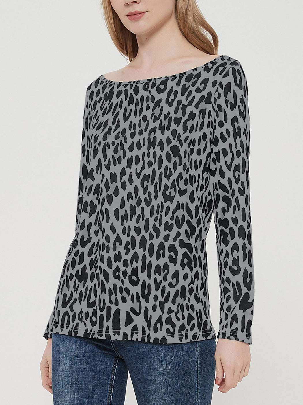 Anna-Kaci Casual Tops Leopard Print T-Shirt Crewneck Long Sleeve Stretchy Blouse