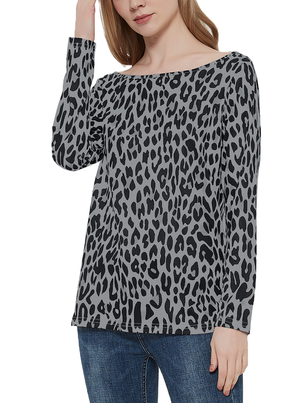 Anna-Kaci Casual Tops Leopard Print T-Shirt Crewneck Long Sleeve Stretchy Blouse