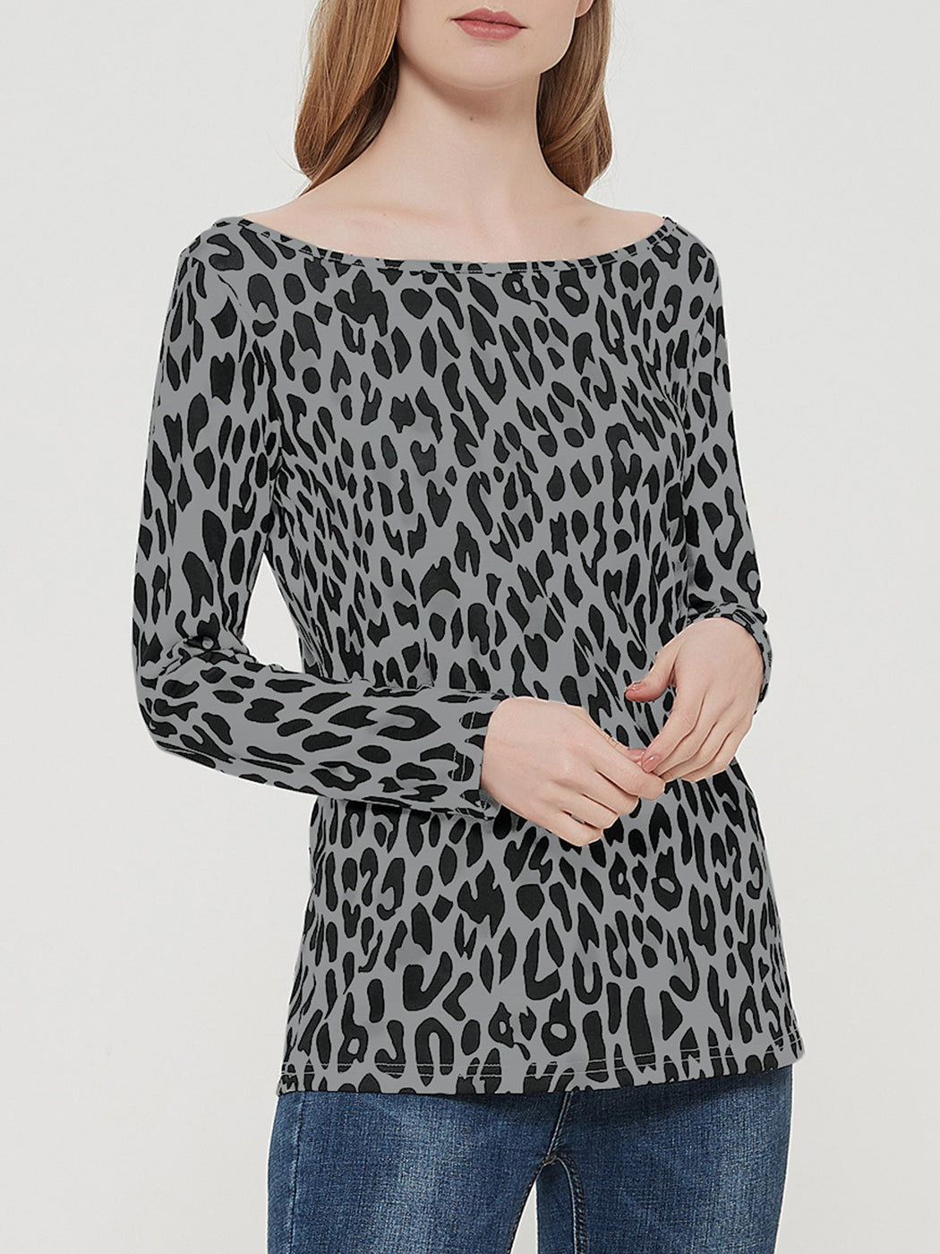 Anna-Kaci Casual Tops Leopard Print T-Shirt Crewneck Long Sleeve Stretchy Blouse