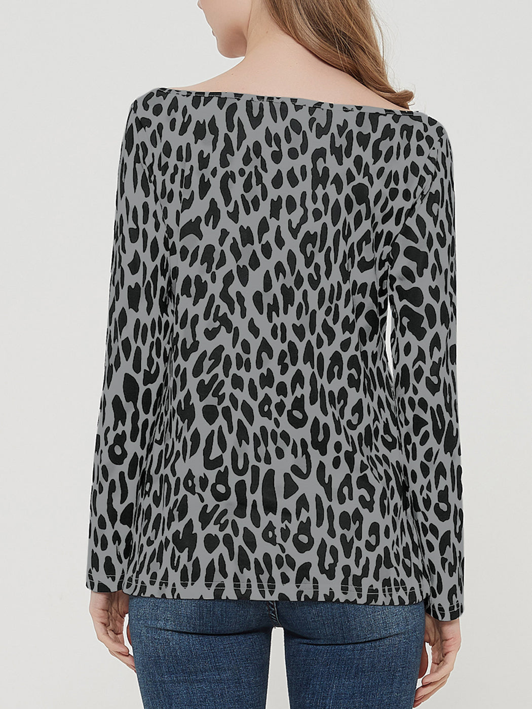Anna-Kaci Casual Tops Leopard Print T-Shirt Crewneck Long Sleeve Stretchy Blouse