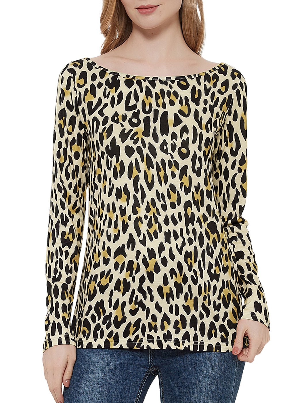 Anna-Kaci Casual Tops Leopard Print T-Shirt Crewneck Long Sleeve Stretchy Blouse