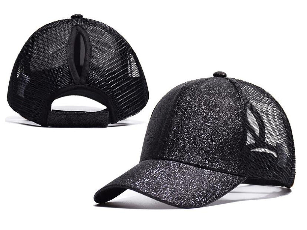 Gorra de béisbol para mujer Anna-Kaci, gorra con cola de caballo con purpurina, gorra de moño alto desordenado, gorra de camionero para papá