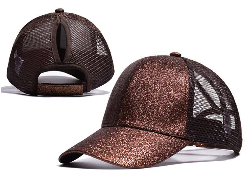 Gorra de béisbol para mujer Anna-Kaci, gorra con cola de caballo con purpurina, gorra de moño alto desordenado, gorra de camionero para papá