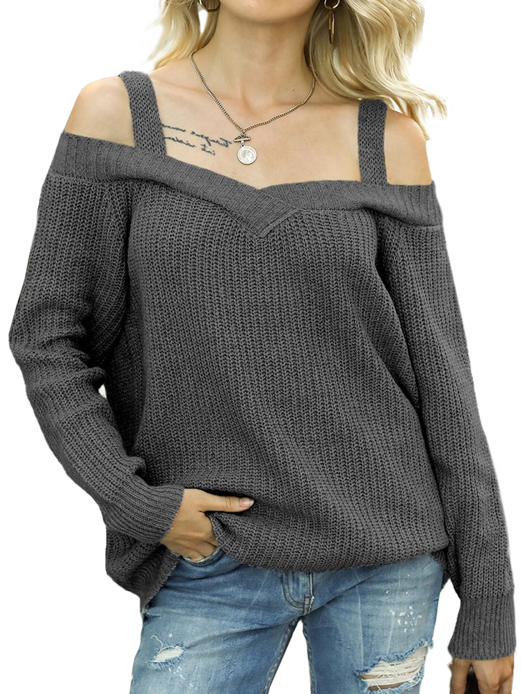 Long Sleeve Cold Shoulder Knit Pullover Sweater