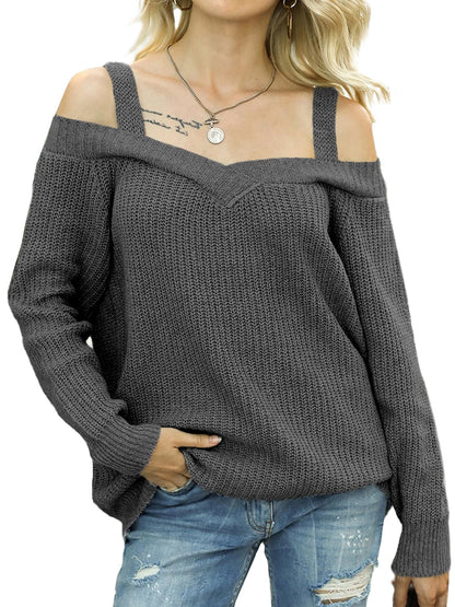 Long Sleeve Cold Shoulder Knit Pullover Sweater
