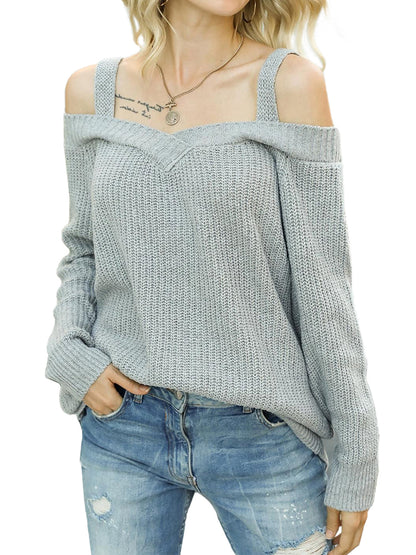 Long Sleeve Cold Shoulder Knit Pullover Sweater