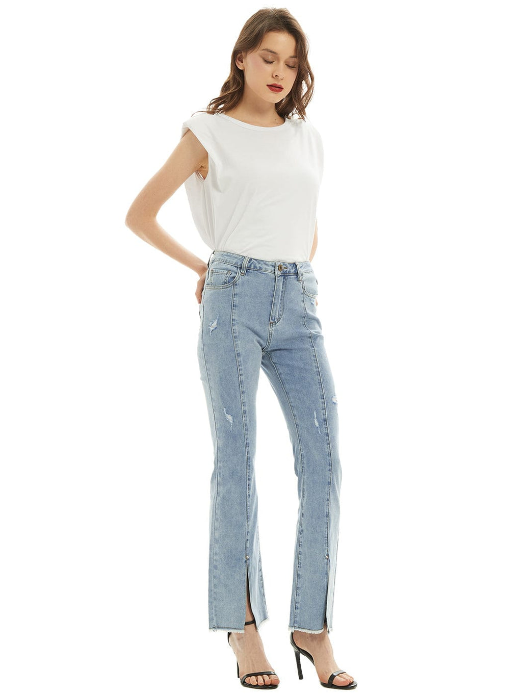 Pantalones vaqueros largos de mezclilla con abertura y cintura alta desgastada y bolsillos