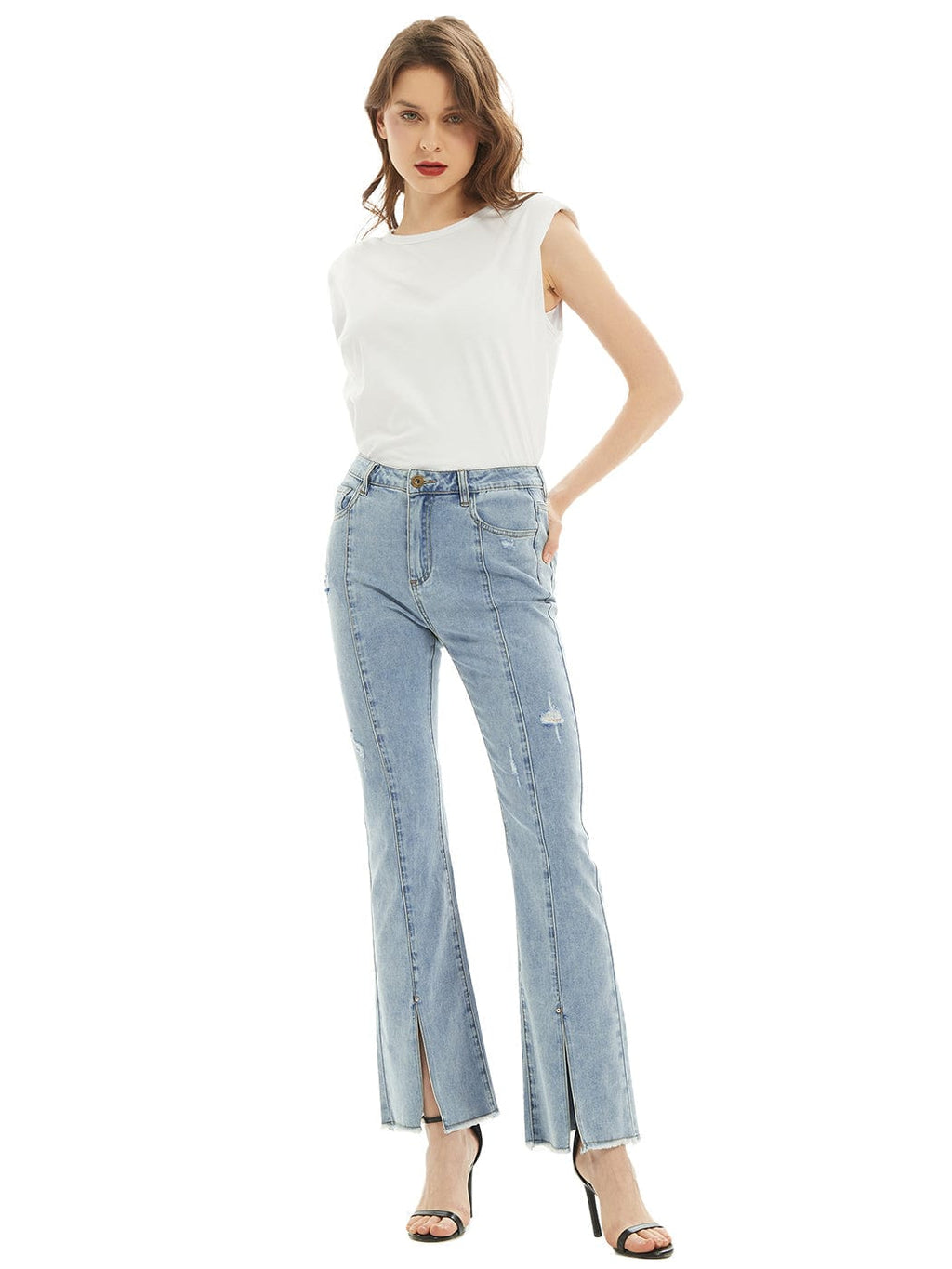 Pantalones vaqueros largos de mezclilla con abertura y cintura alta desgastada y bolsillos