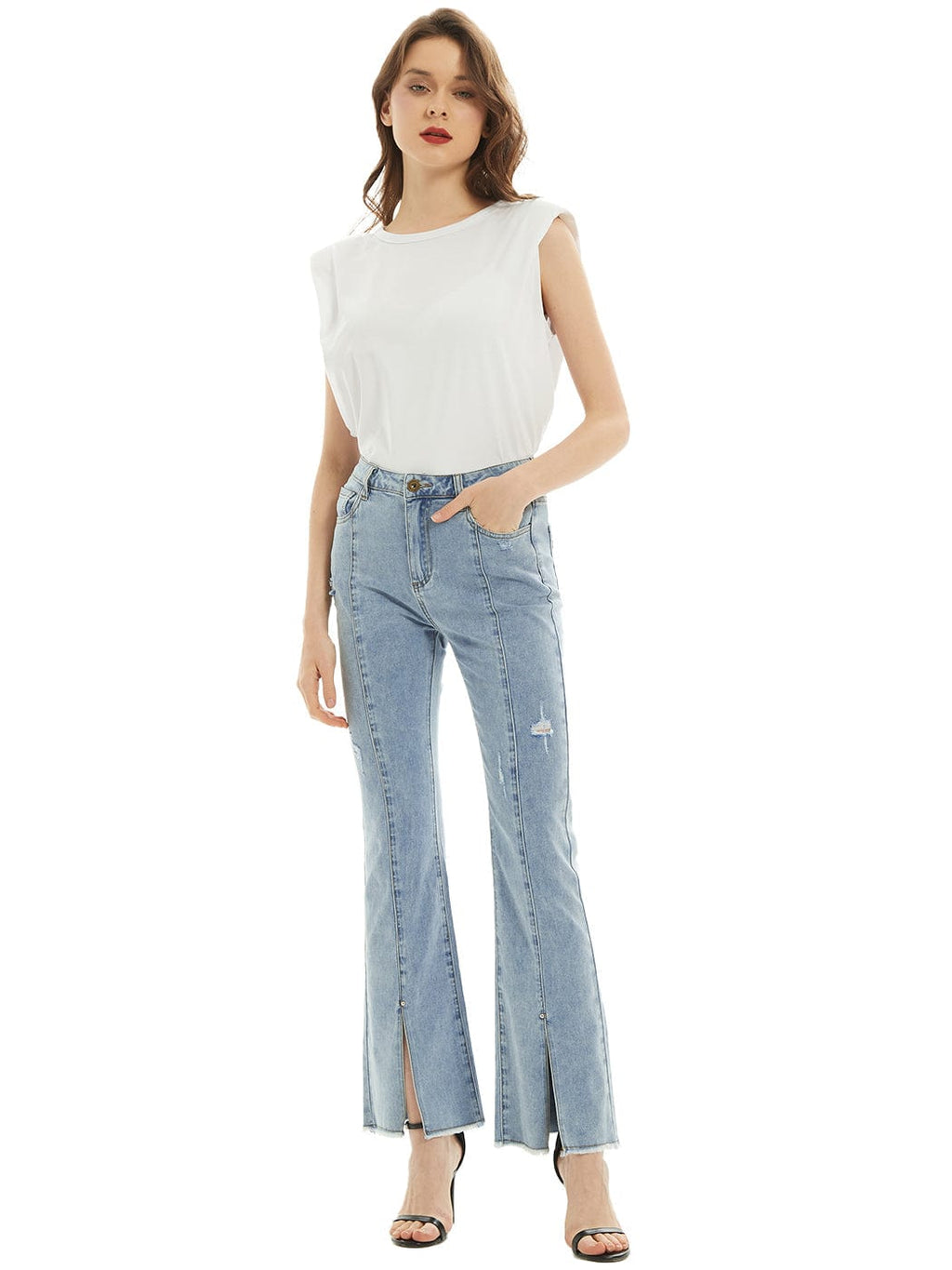 Pantalones vaqueros largos de mezclilla con abertura y cintura alta desgastada y bolsillos