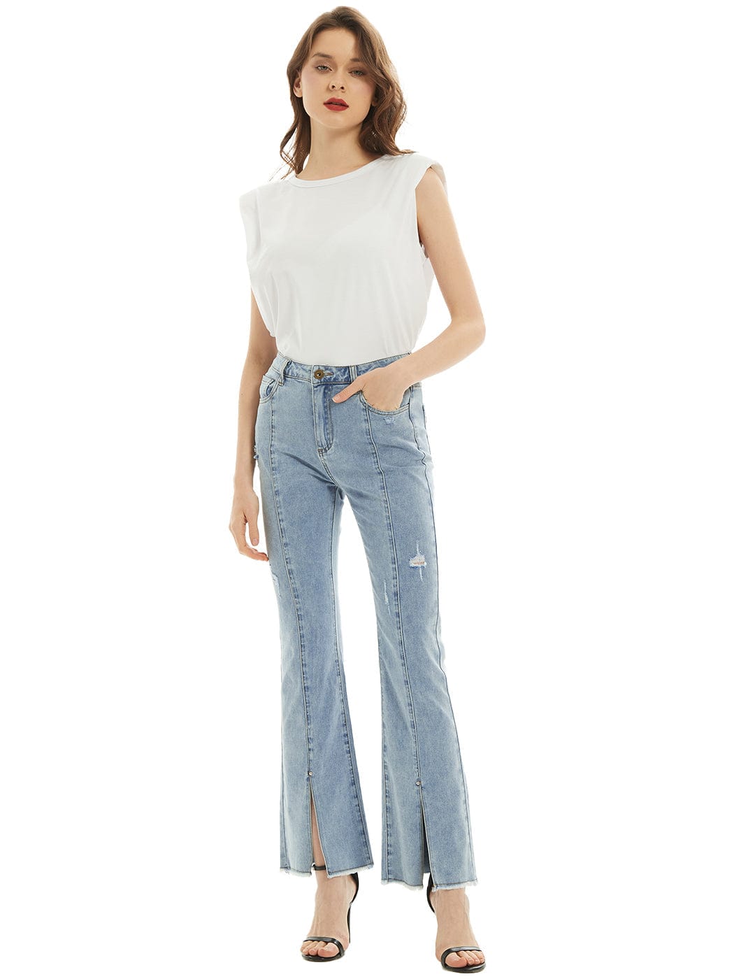 Pantalones vaqueros largos de mezclilla con abertura y cintura alta desgastada y bolsillos