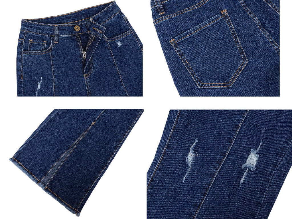 Pantalones vaqueros largos de mezclilla con abertura y cintura alta desgastada y bolsillos
