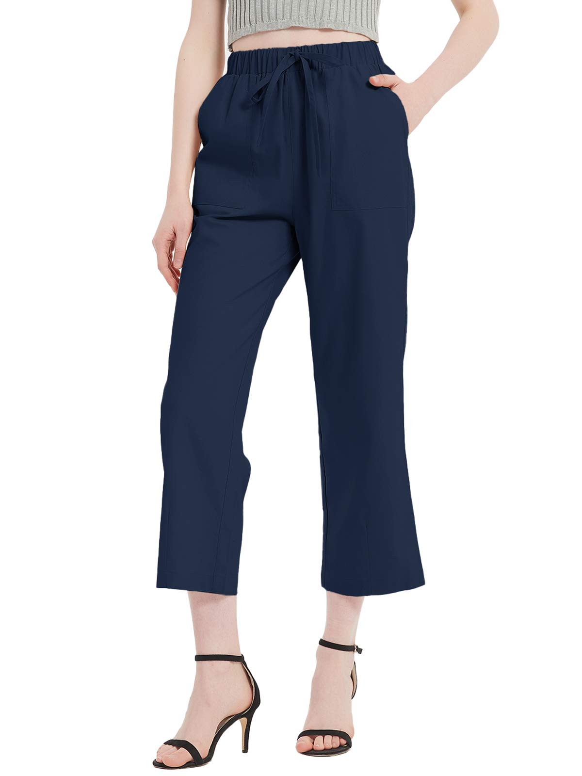 Pantalones capri de lino liso con cordón ajustable y cintura elástica de 4 bolsillos
