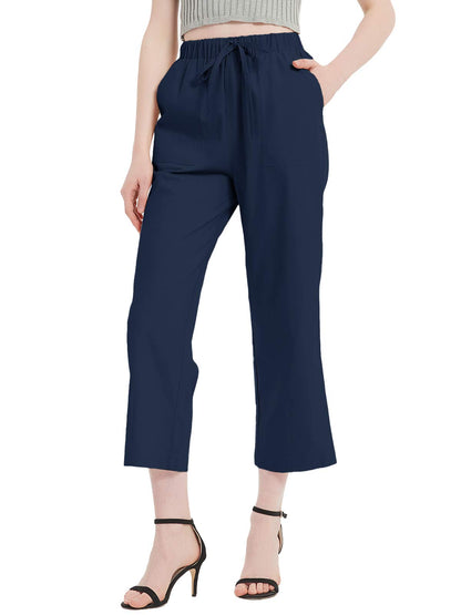 Pantalones capri de lino liso con cordón ajustable y cintura elástica de 4 bolsillos