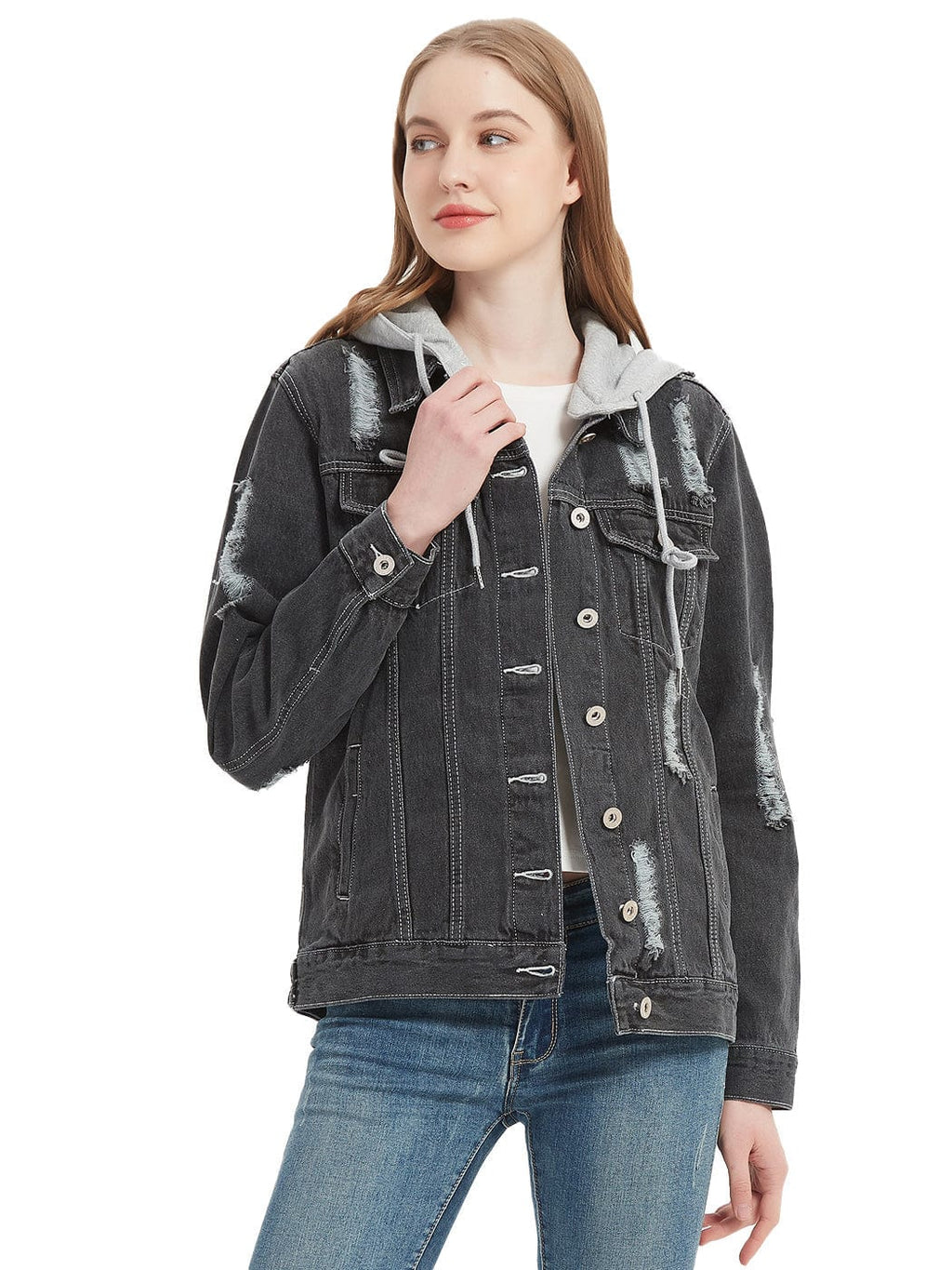 Detachable Hoodie Denim Distressed Jean Jacket