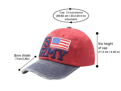 Gorra de béisbol ajustable de algodón con bordado de letras del ejército de EE. UU. con bandera estadounidense para hombres y mujeres