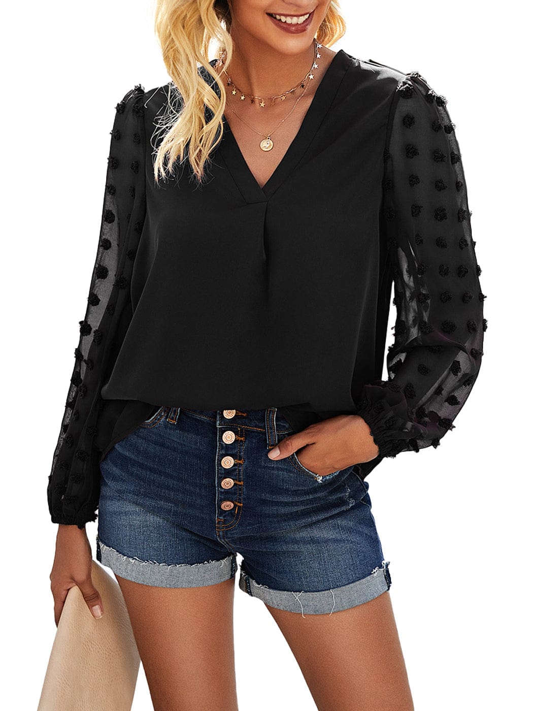 Chiffon Blouse Swiss Dot Long Sleeve Top