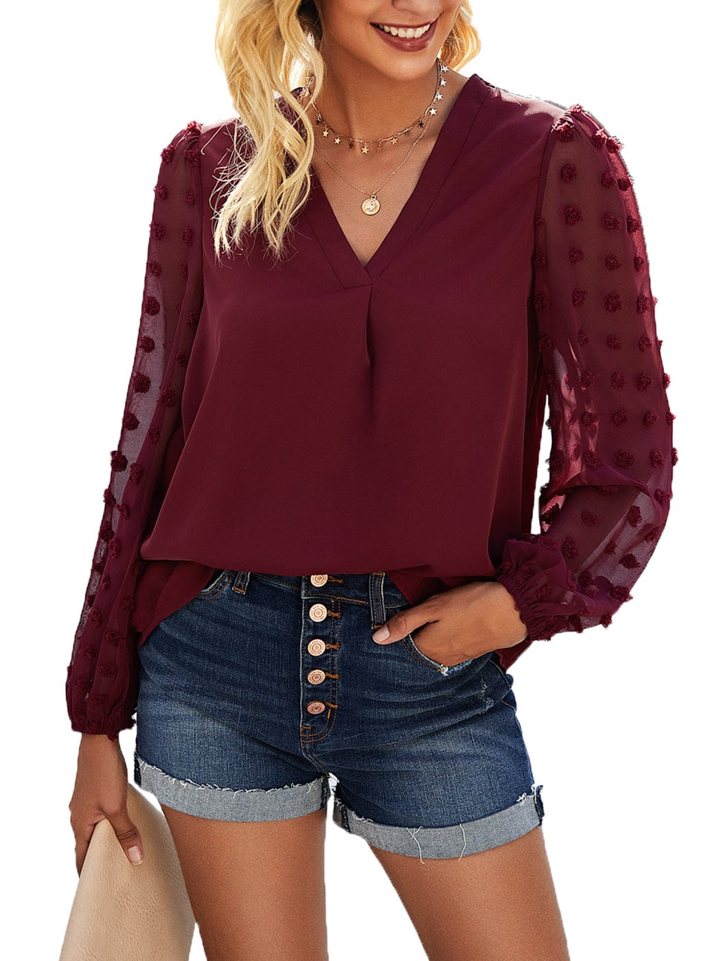 Chiffon Blouse Swiss Dot Long Sleeve Top