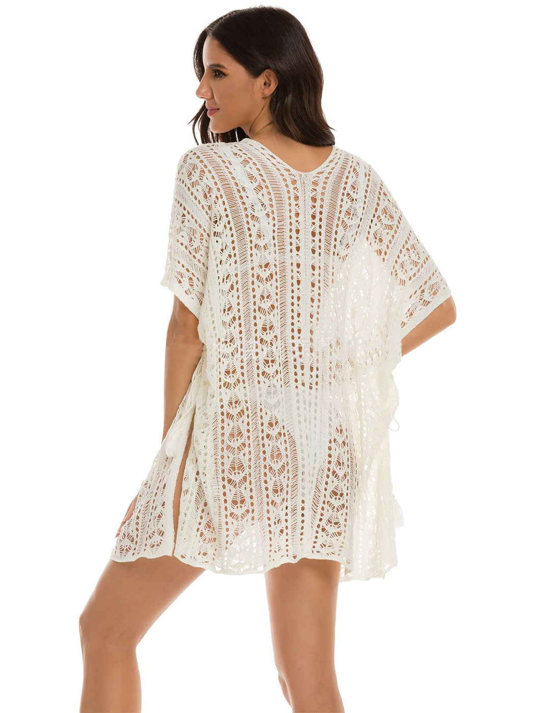 Traje de baño de crochet blanco para mujer de Anna-Kaci, vestido con borlas y mangas 3/4, ropa de playa 