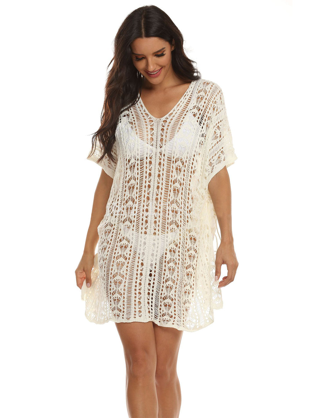 Traje de baño de crochet blanco para mujer de Anna-Kaci, vestido con borlas y mangas 3/4, ropa de playa 