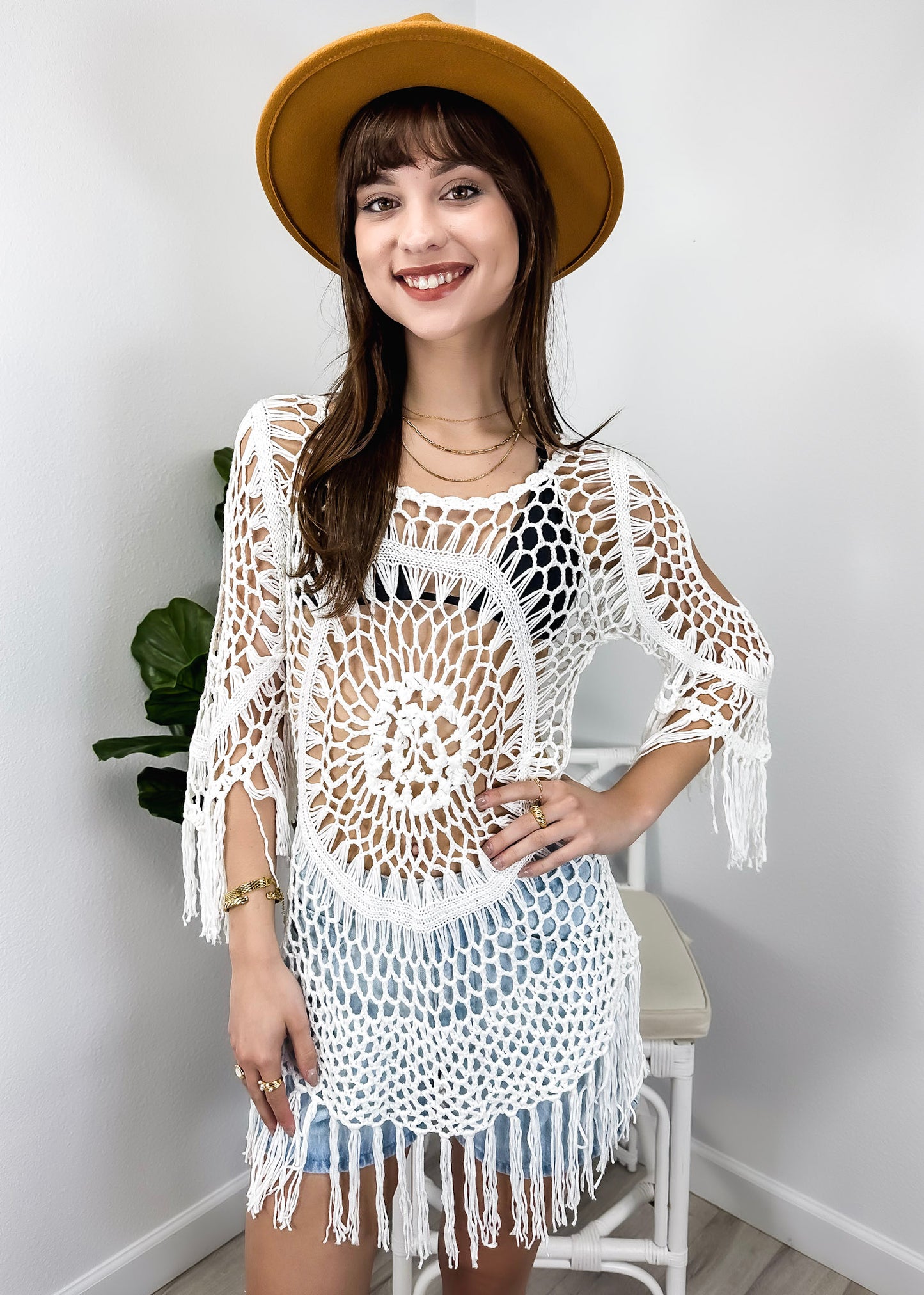 Traje de baño de crochet blanco para mujer de Anna-Kaci, vestido con borlas y mangas 3/4, ropa de playa 