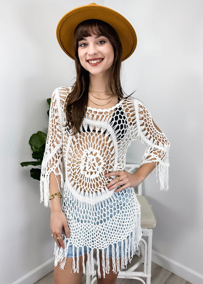 Traje de baño de crochet blanco para mujer de Anna-Kaci, vestido con borlas y mangas 3/4, ropa de playa 