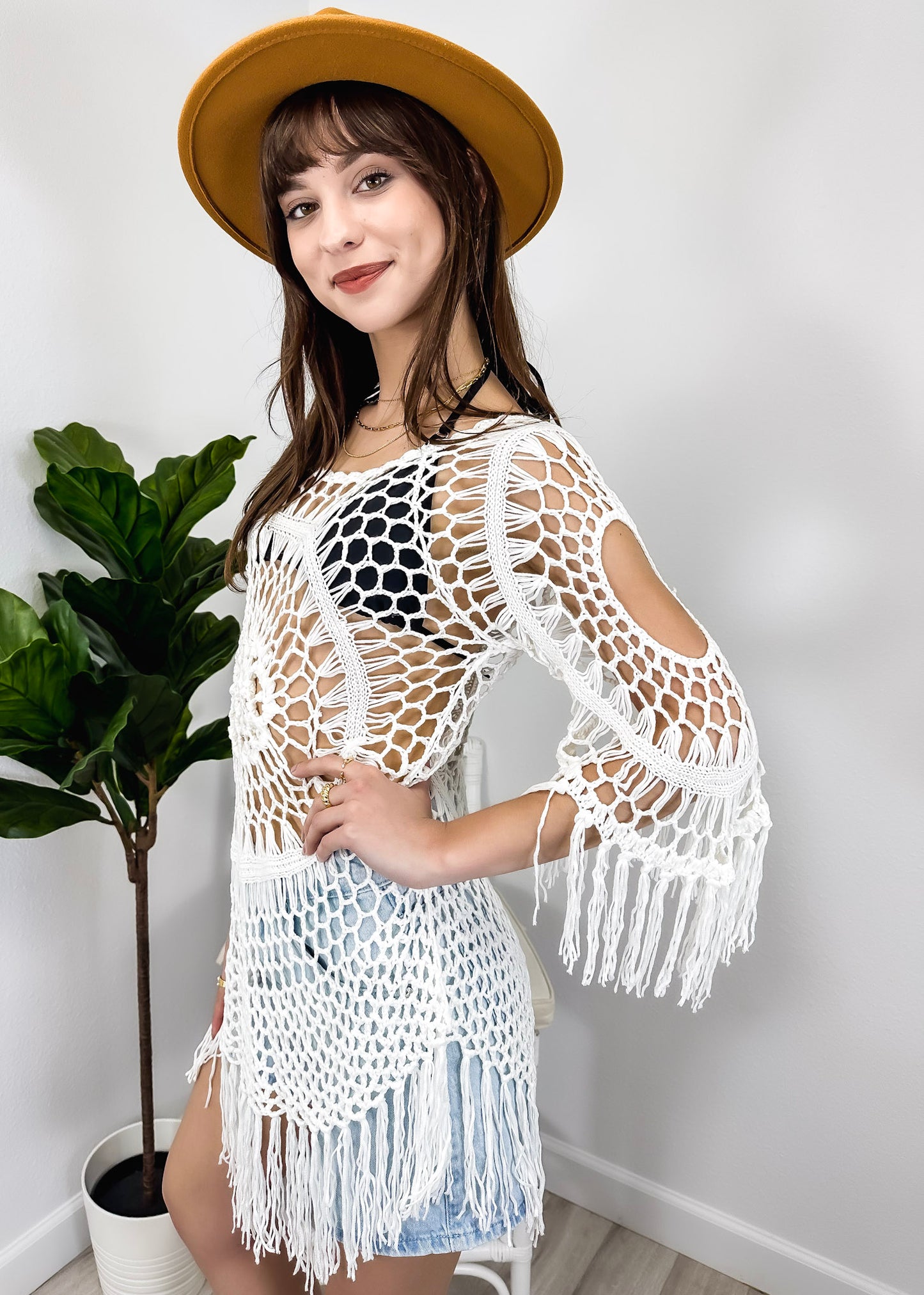 Traje de baño de crochet blanco para mujer de Anna-Kaci, vestido con borlas y mangas 3/4, ropa de playa 