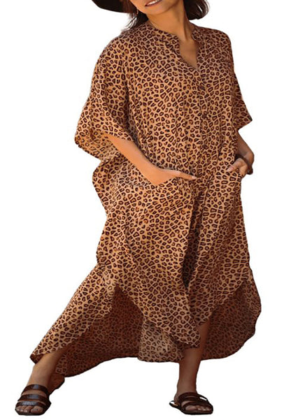 Caftán turco de gasa con estampado de leopardo y bolsillos para bañador, vestido largo tipo bikini 