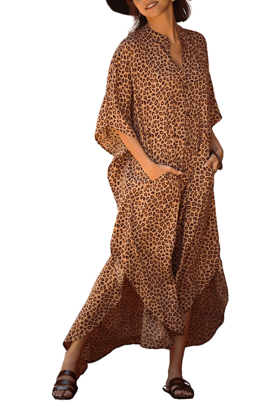 Caftán turco de gasa con estampado de leopardo y bolsillos para bañador, vestido largo tipo bikini 