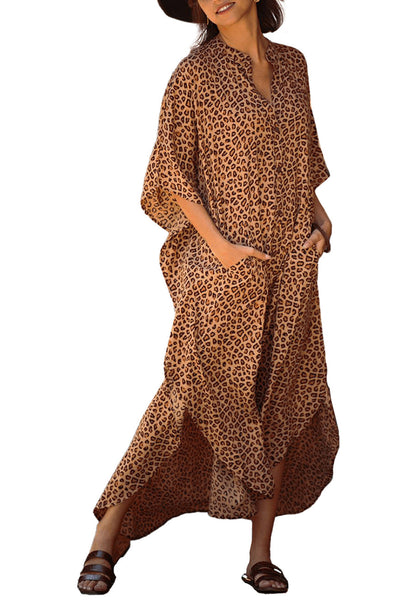 Caftán turco de gasa con estampado de leopardo y bolsillos para bañador, vestido largo tipo bikini 