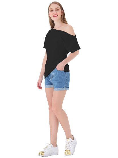 Blusa informal sexy con hombros descubiertos y elástica de algodón liso para mujer