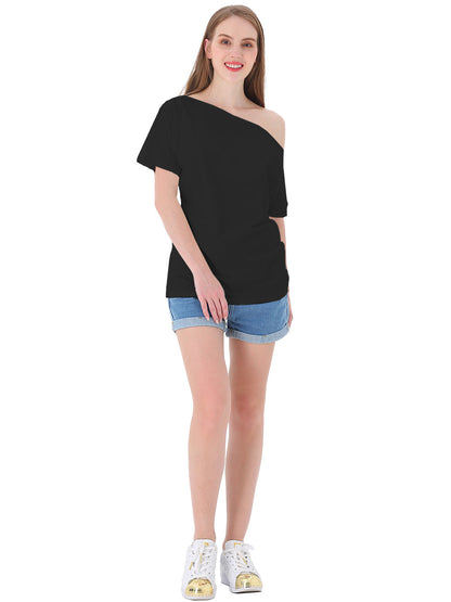 Blusa informal sexy con hombros descubiertos y elástica de algodón liso para mujer