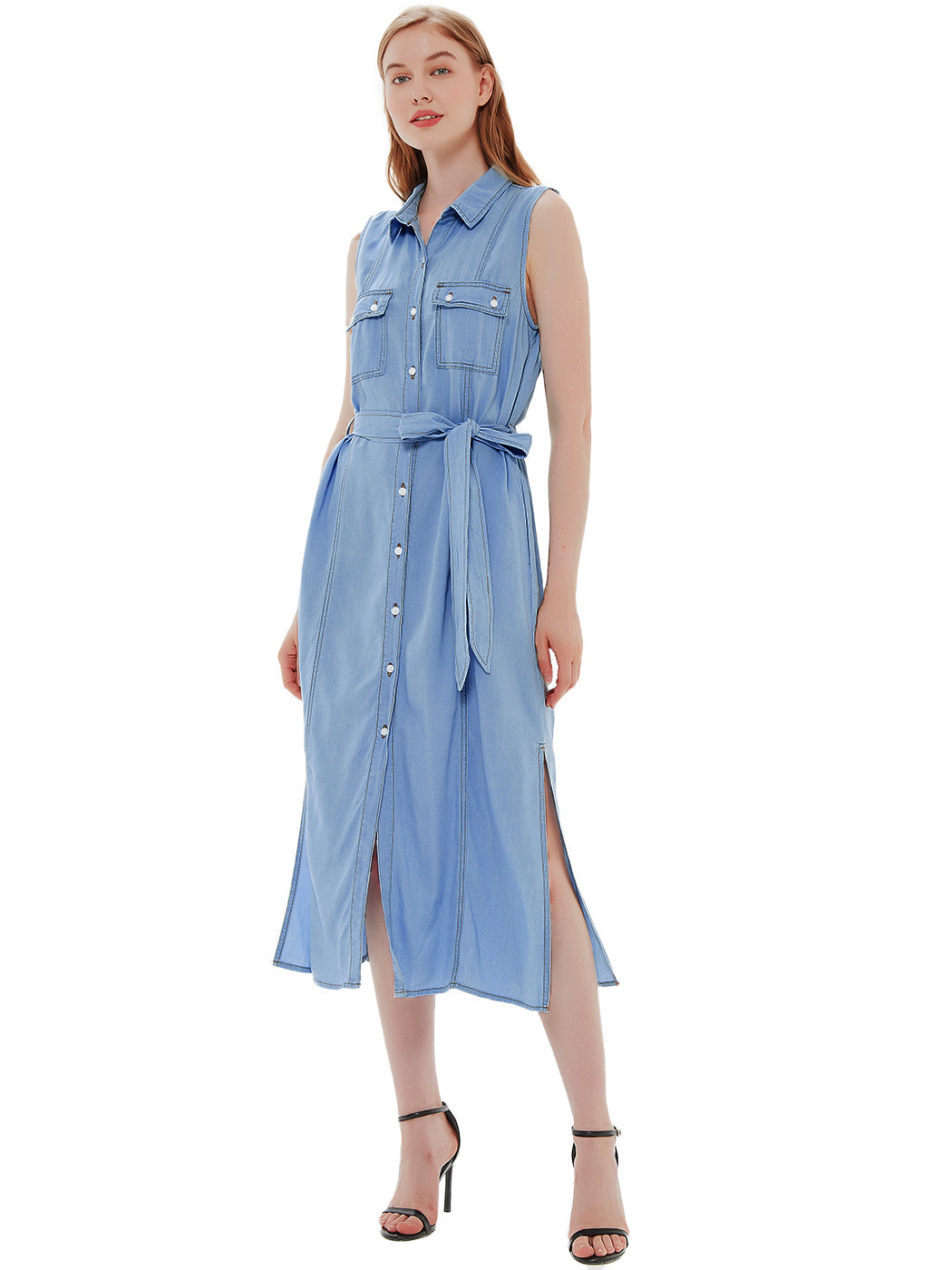 Vestido camisero sin mangas de mezclilla para mujer de Anna-Kaci, vestido de mezclilla con cuello vuelto, cintura atada y bolsillos