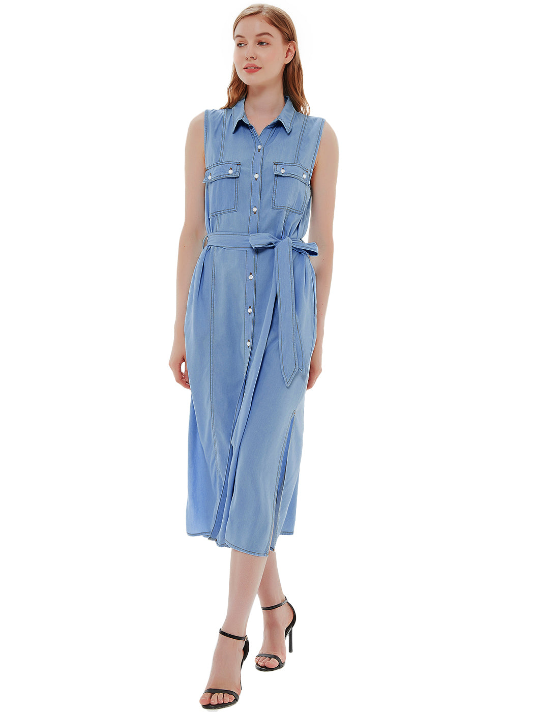 Vestido camisero sin mangas de mezclilla para mujer de Anna-Kaci, vestido de mezclilla con cuello vuelto, cintura atada y bolsillos