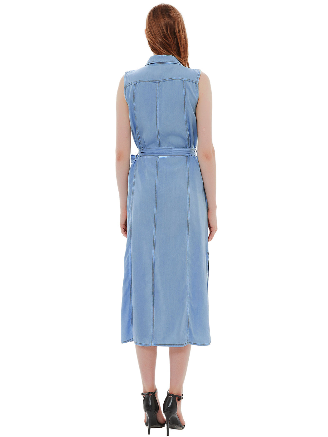 Vestido camisero sin mangas de mezclilla para mujer de Anna-Kaci, vestido de mezclilla con cuello vuelto, cintura atada y bolsillos