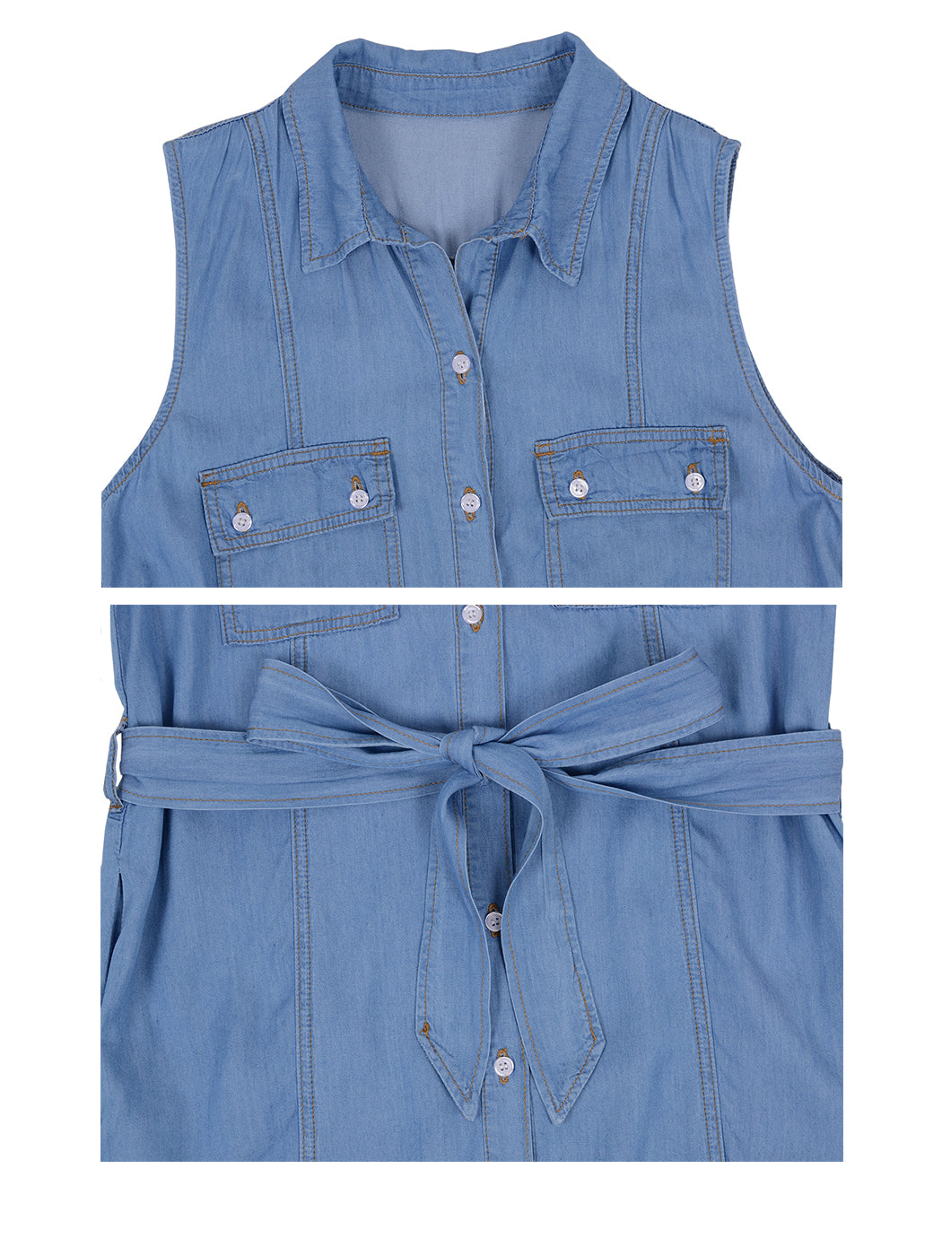 Vestido camisero sin mangas de mezclilla para mujer de Anna-Kaci, vestido de mezclilla con cuello vuelto, cintura atada y bolsillos