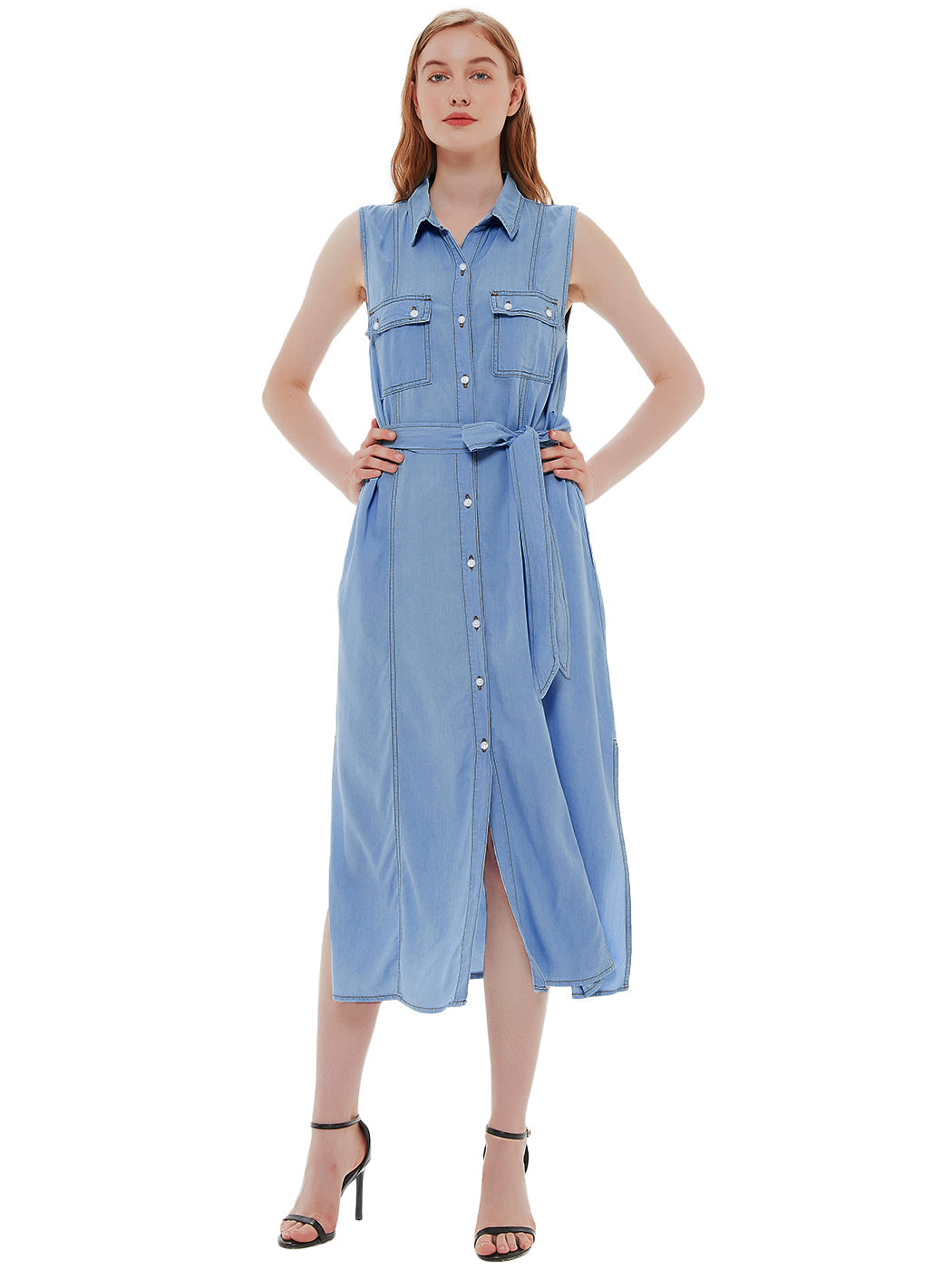 Vestido camisero sin mangas de mezclilla para mujer de Anna-Kaci, vestido de mezclilla con cuello vuelto, cintura atada y bolsillos