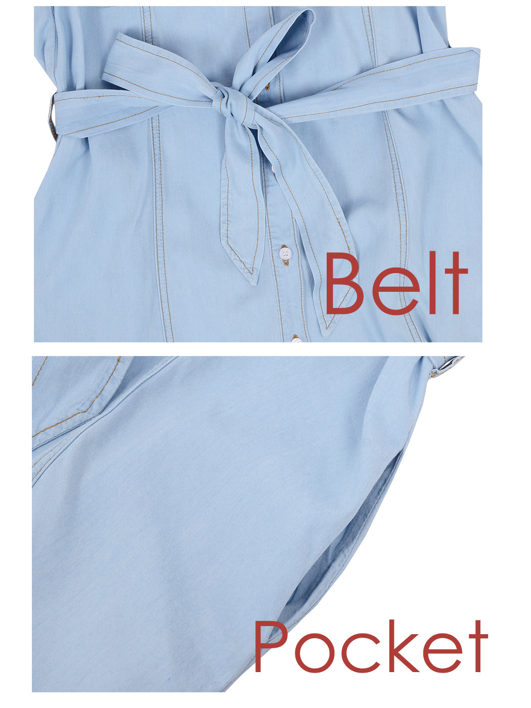 Anna-Kaci Women's Sleeveless Jean Shirt Dress Tied Waist Turn Down Collar Pocket Denim Dress