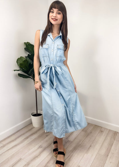 Anna-Kaci Women's Sleeveless Jean Shirt Dress Tied Waist Turn Down Collar Pocket Denim Dress