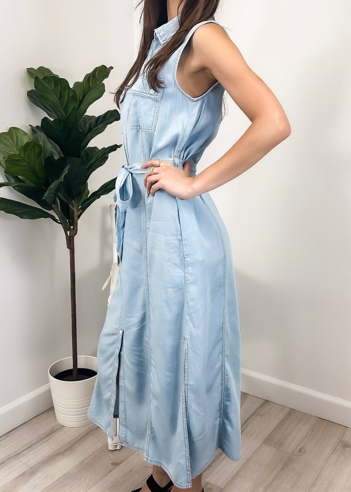 Anna-Kaci Women's Sleeveless Jean Shirt Dress Tied Waist Turn Down Col