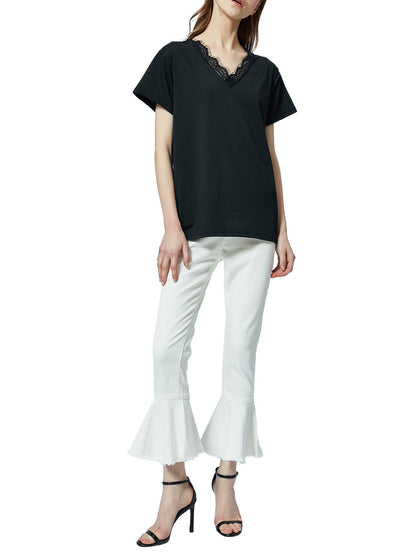 Blusa holgada de manga corta con escote en V y ribete de encaje con pestañas