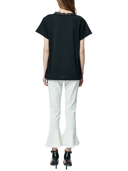 Blusa holgada de manga corta con escote en V y ribete de encaje con pestañas