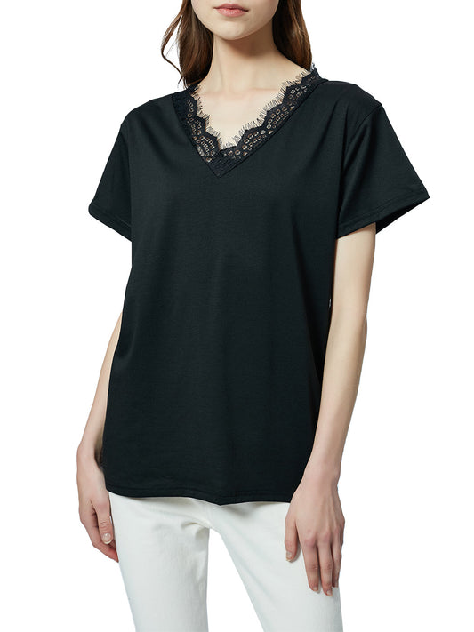 Blusa holgada de manga corta con escote en V y ribete de encaje con pestañas