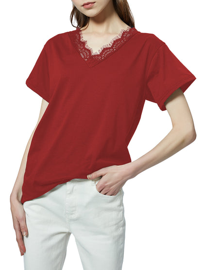 Blusa holgada de manga corta con escote en V y ribete de encaje con pestañas