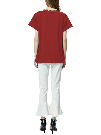 Blusa holgada de manga corta con escote en V y ribete de encaje con pestañas