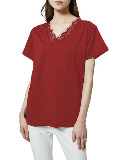 Blusa holgada de manga corta con escote en V y ribete de encaje con pestañas