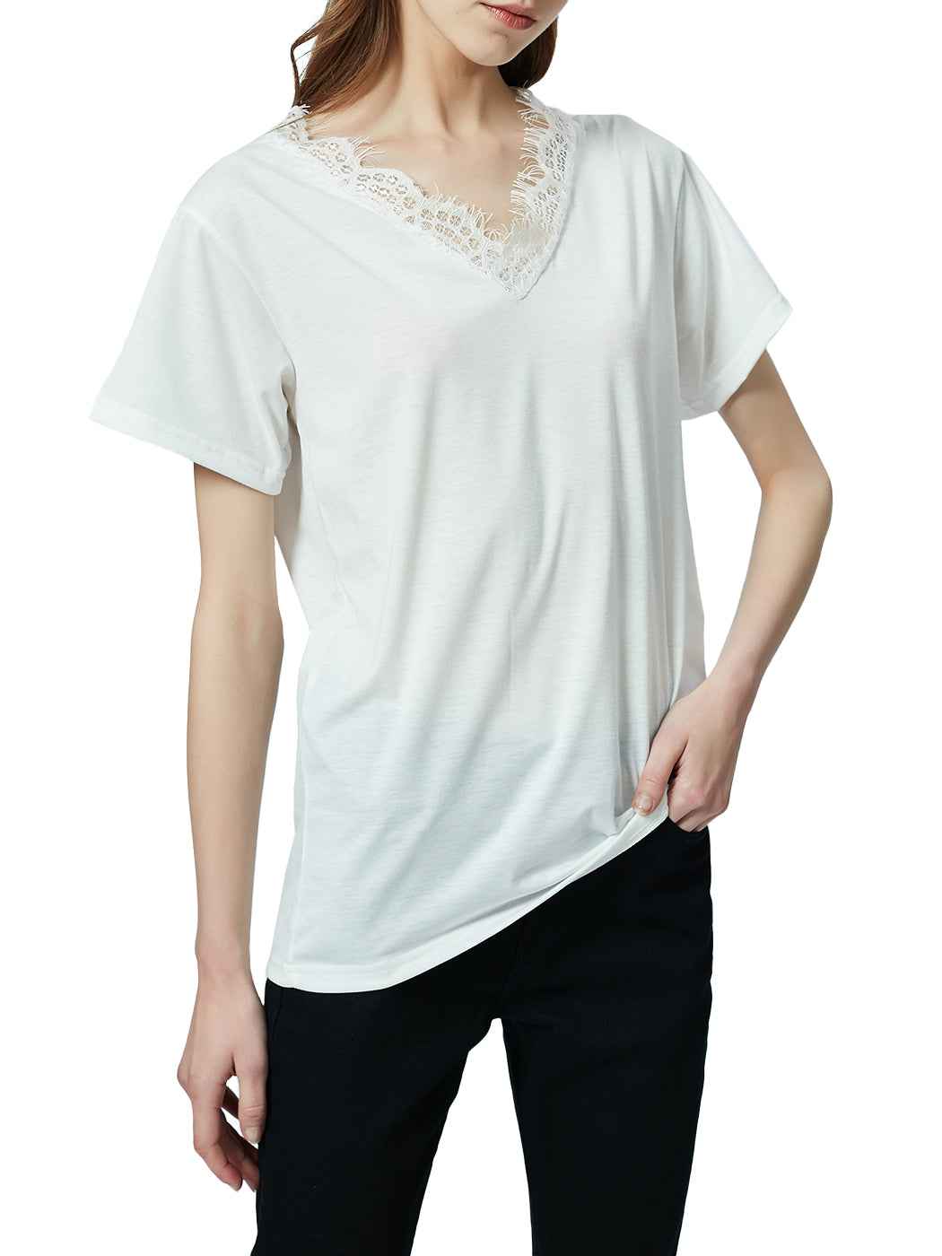 Blusa holgada de manga corta con escote en V y ribete de encaje con pestañas