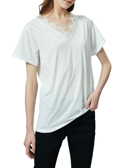 Blusa holgada de manga corta con escote en V y ribete de encaje con pestañas