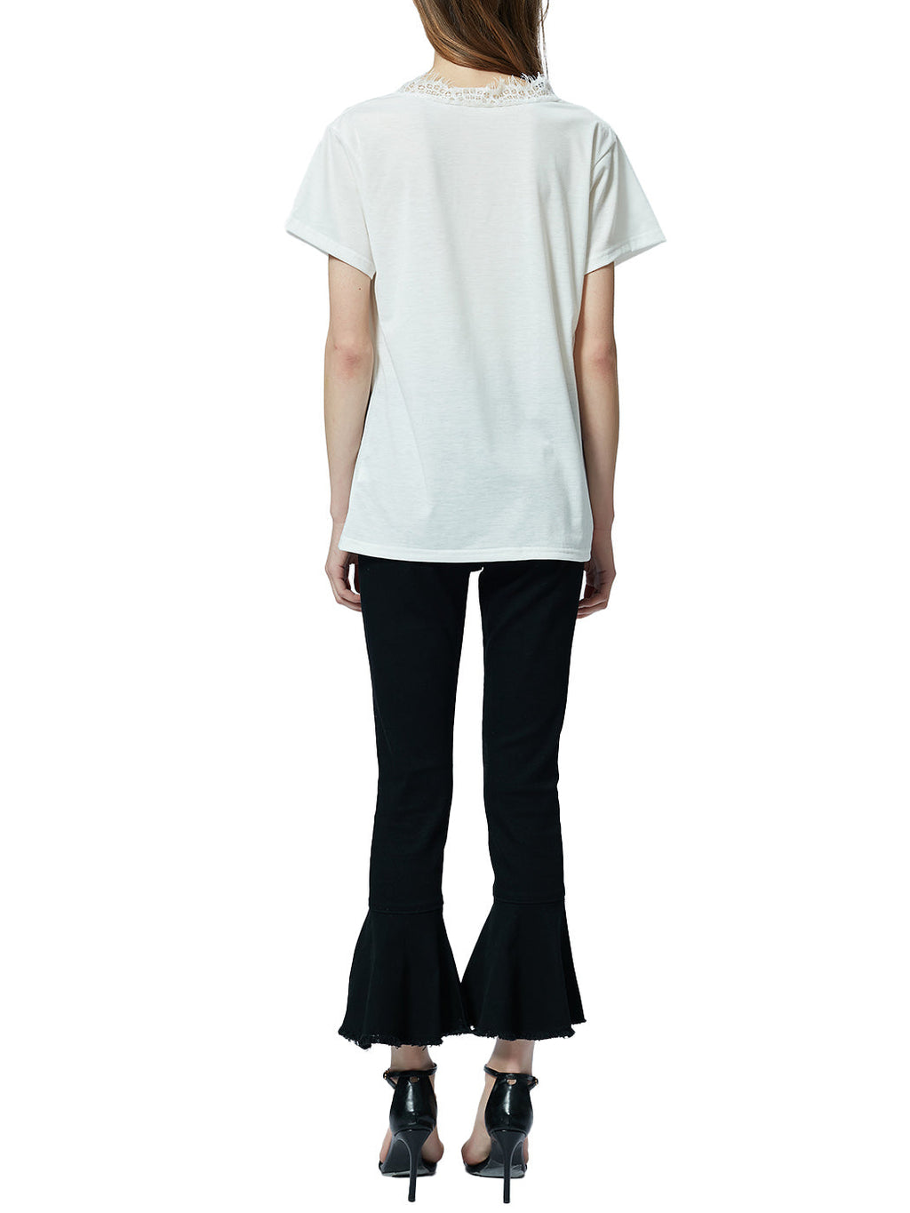 Blusa holgada de manga corta con escote en V y ribete de encaje con pestañas