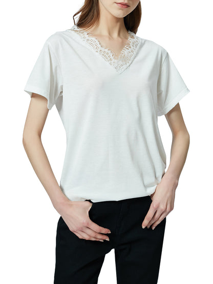 Blusa holgada de manga corta con escote en V y ribete de encaje con pestañas
